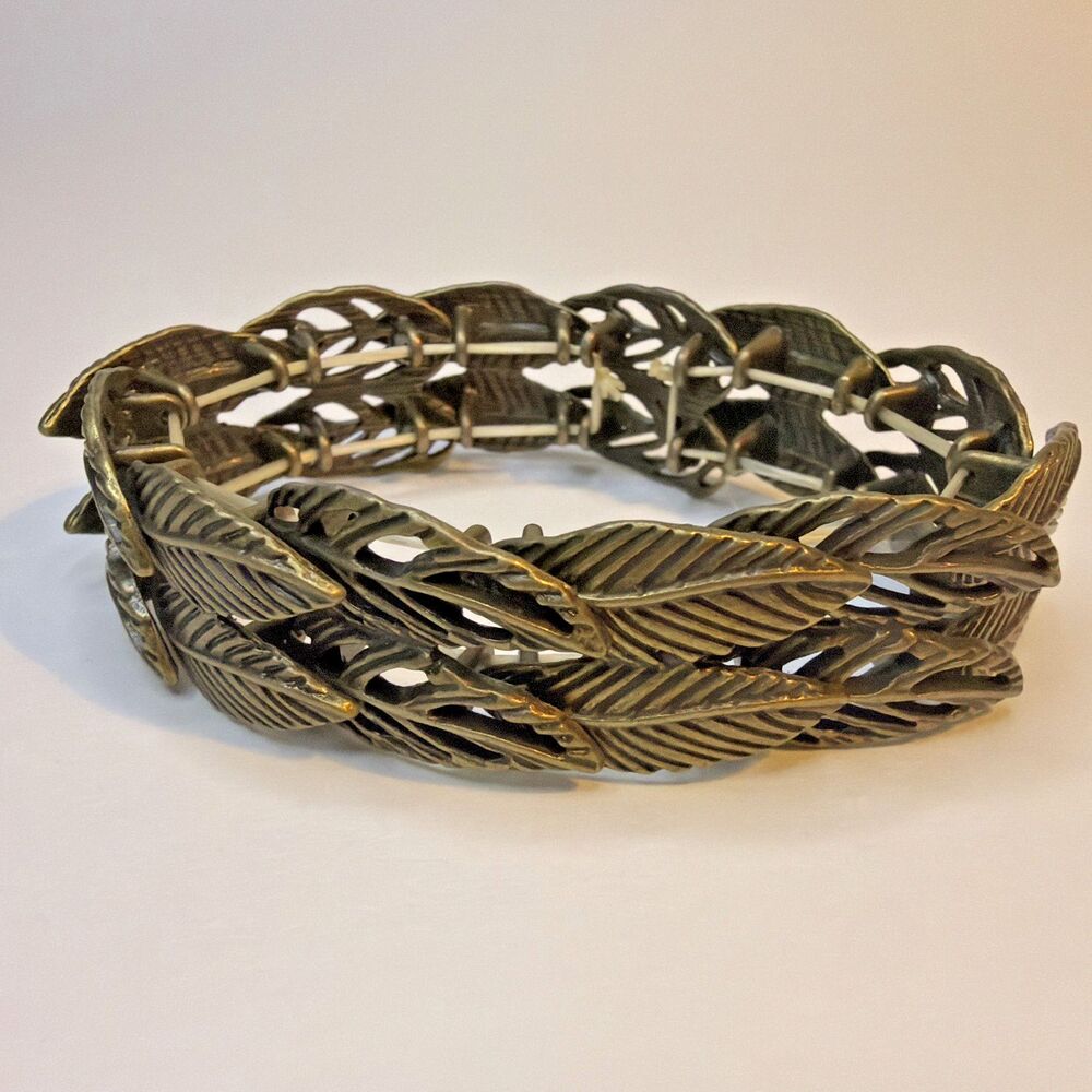 Vintage Style Brass Feather Stretch Bracelet Bohemian Leaf Cuff